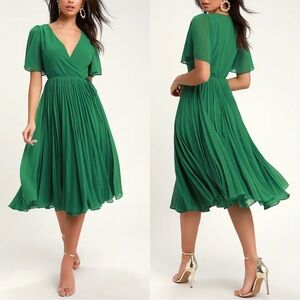 Lulu's Pleats To Meet You Green Pleated Midi Wrap Dress Large NWT Formal Wedding